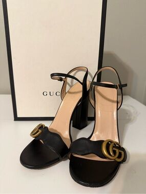 Gucci Black Leather GG Hardware Block Heel Sandals